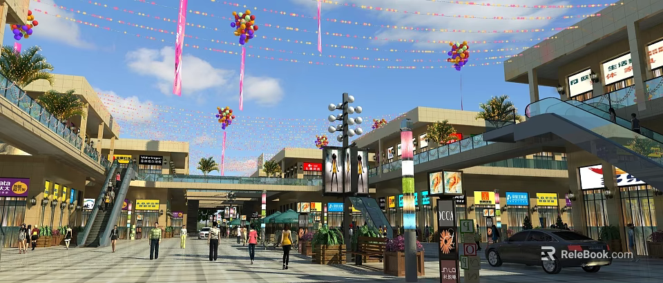 Bustling Commercial Street with Balloons Streamers Pedestrians Shops Billboards Escalators Street Lamps and Greenery 3d model 
