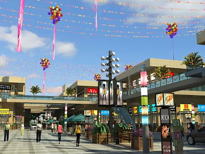 Bustling Commercial Street with Balloons Streamers Pedestrians Shops Billboards Escalators Street Lamps and Greenery 3d model
