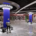 Shopping Mall Lobby With Blue Pillars Brand Stores Sculptures Shiny Floor And Lighting Design