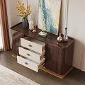 Elegant Dark Brown Storage Cabinet With Woven Drawer Panels Gold Base And Top Decorative Items