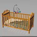 Children's Orange Wooden Baby Crib with Colorful Mobile and Patterned Mattress