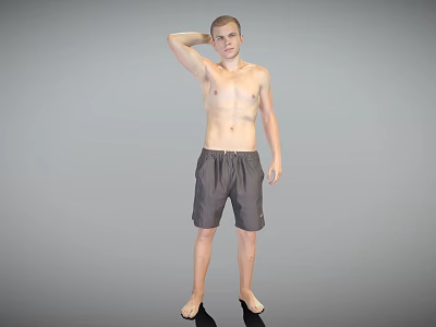 Shirtless Barefoot Man Standing With Hand On Head Against Gray Background 3d model
