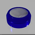Blue Circular Container With Transparent Lid And Red White Yellow Logo On Metallic Base