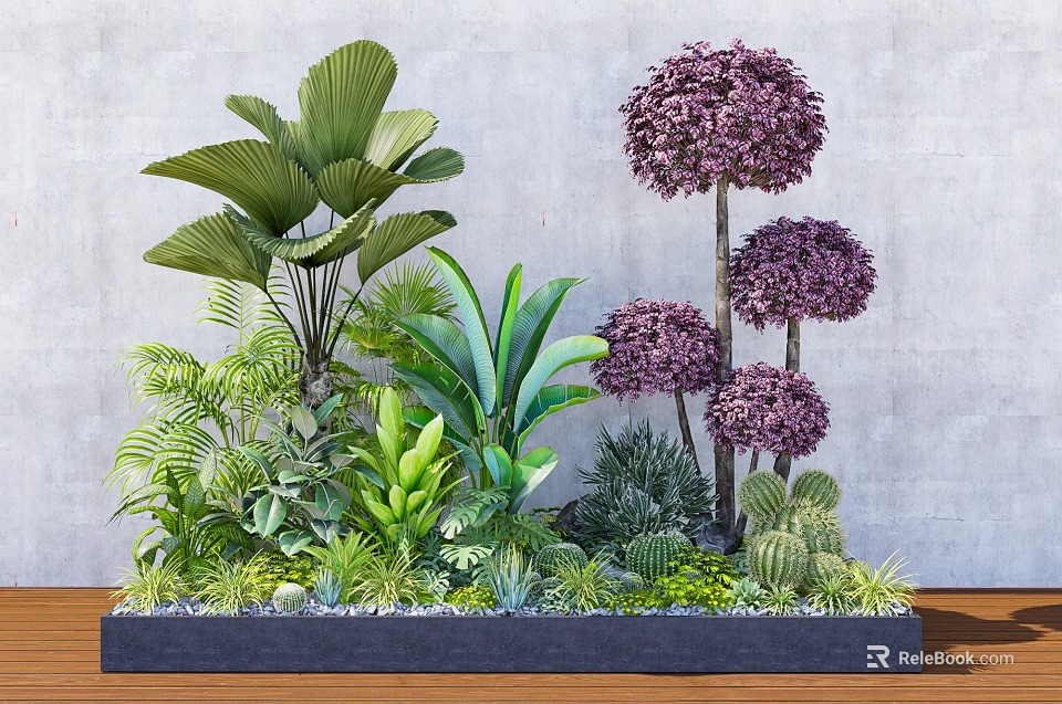 Indoor Landscape With Large Leaf Plants Purple Spherical Shrubs Ferns And Succulents 3d model 