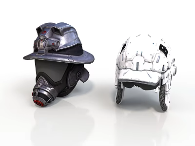 Gray Firefighter Helmet With Face Mask And White Tactical Helmet Detailed Structure 3d model