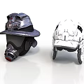 Gray Firefighter Helmet With Face Mask And White Tactical Helmet Detailed Structure