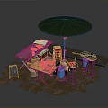 Outdoor Food Stall Structure With Green Umbrella Red Refrigerator Wooden Table And Blue Gas Cylinder