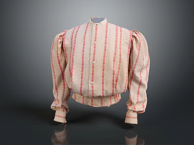 Vintage Beige Red Striped Blouse With Puffed Sleeves Button Front And Stand Collar 3d model