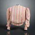 Vintage Beige Red Striped Blouse With Puffed Sleeves Button Front And Stand Collar
