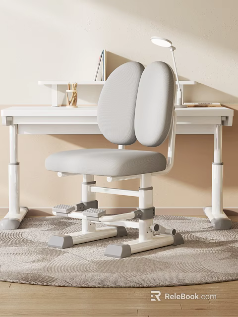 Modern White Desk And Ergonomic Gray Chair Set With Home Office Design 3d model 