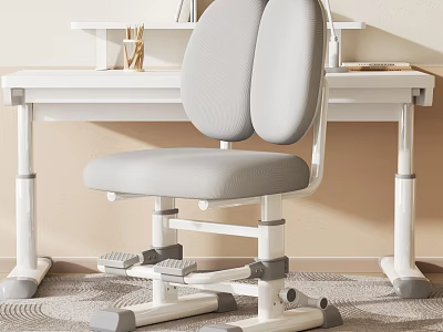 Modern White Desk And Ergonomic Gray Chair Set With Home Office Design 3d model