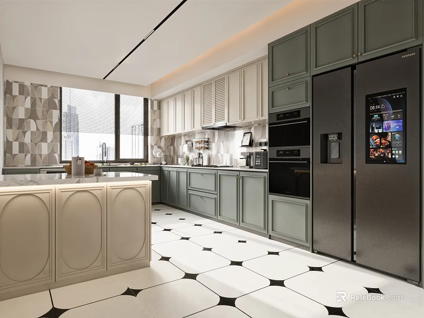 Modern Kitchen Interior With Green Beige Cabinets Island And Black White Geometric Tiles Floor 3d model 