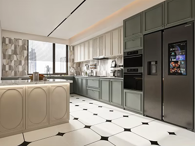 Modern Kitchen Interior With Green Beige Cabinets Island And Black White Geometric Tiles Floor 3d model