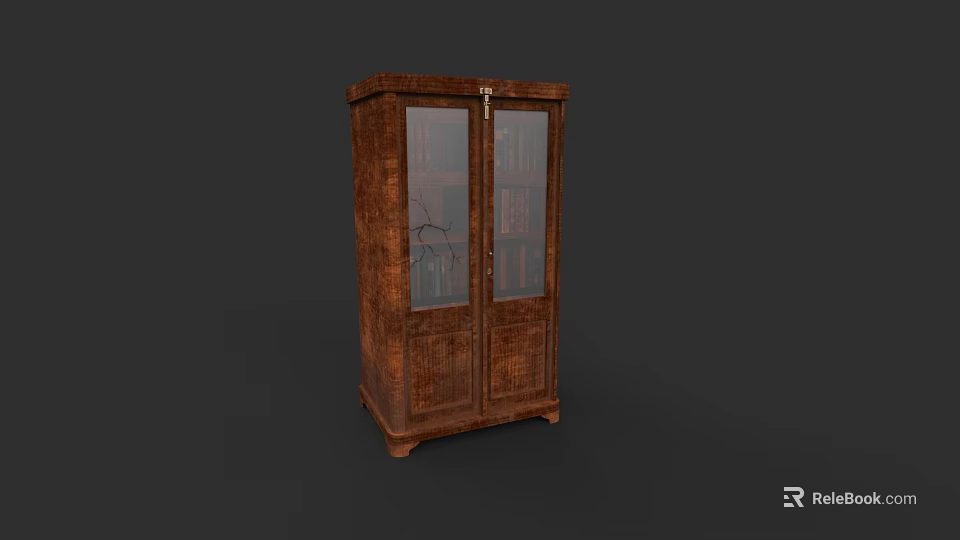 Elegant Vintage Wooden Bookcase With Glass Panel Doors And Books Inside 3d model 