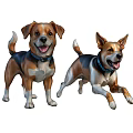 Two Cartoon Dogs With Blue Collars Standing And Running On White Background