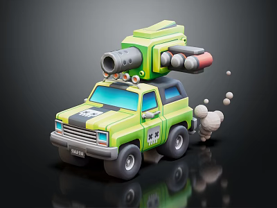 Green Toy Car Featuring Cannon And Equipment On Roof In Cartoon Design 3d model