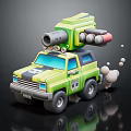 Green Toy Car Featuring Cannon And Equipment On Roof In Cartoon Design