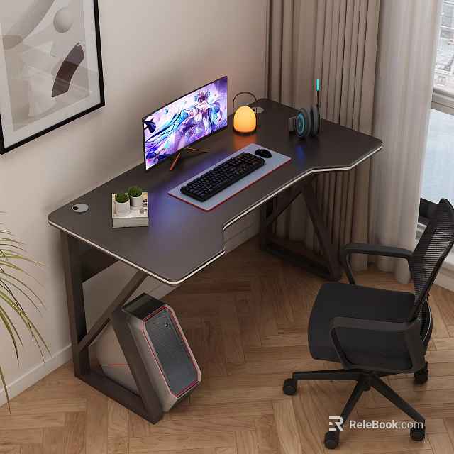 Modern Gaming Desk Setup With Monitor Keyboard Headphones Small Plant PC Case And Mesh Chair 3d model 