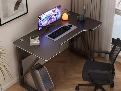 Modern Gaming Desk Setup With Monitor Keyboard Headphones Small Plant PC Case And Mesh Chair 3d model
