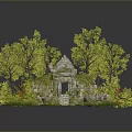 Miniature Garden Scene With Green Trees Small Pavilion Flowers And Stones