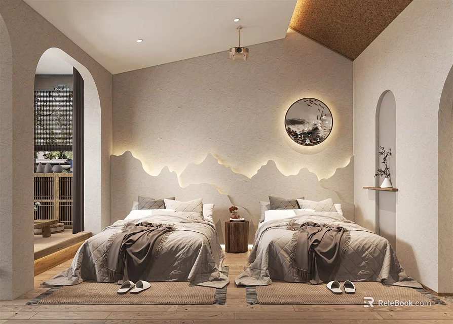Hotel Guest Room With Twin Beds Wavy Light Wall And Circular Decorative Painting 3d model 