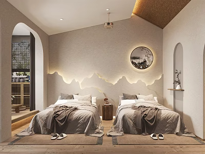 Hotel Guest Room With Twin Beds Wavy Light Wall And Circular Decorative Painting 3d model