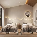 Hotel Guest Room With Twin Beds Wavy Light Wall And Circular Decorative Painting