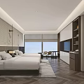 Modern Hotel Guest Room Interior With Comfortable Bed Nightstand Area Rug And Wooden Table Chairs