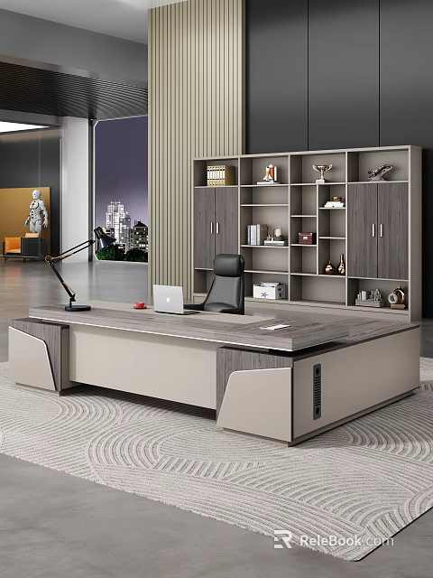 Modern Office Desk With Laptop Desk Lamp Ergonomic Chair And Bookshelf With Decorations Books Trophies 3d model 