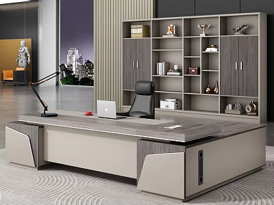 Modern Office Desk With Laptop Desk Lamp Ergonomic Chair And Bookshelf With Decorations Books Trophies 3d model