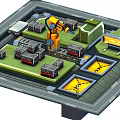 Cartoon Style Factory Scene Layout With Robot Arm Green Areas And Yellow Markers