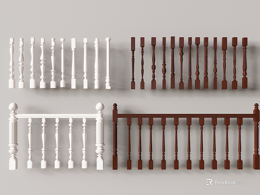 Varied Design Railings In White And Brown With Decorative Balusters 3d model 