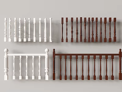 Varied Design Railings In White And Brown With Decorative Balusters 3d model