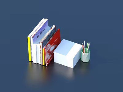 Stack of Books and Magazines With White Cube and Colored Pens in Holder 3d model