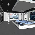 Modern Exhibition Hall Interior With Interactive Model Display And Digital Wall Screens
