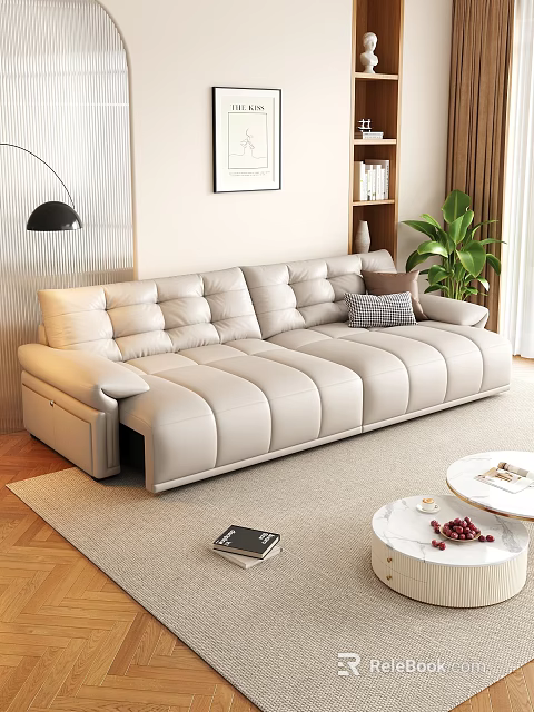 Beige Leather Sofa And White Round Coffee Table Set With Cushions For Contemporary Living Room 3d model 