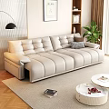 Beige Leather Sofa And White Round Coffee Table Set With Cushions For Contemporary Living Room