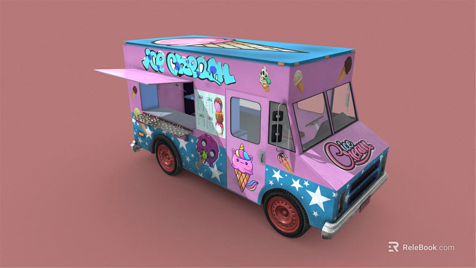 Pink Ice Cream Truck Featuring Star Decorations And Ice Cream Graphics With Open Serving Window 3d model 