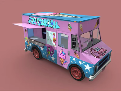 Pink Ice Cream Truck Featuring Star Decorations And Ice Cream Graphics With Open Serving Window 3d model