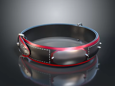 Stylish Black and Red Leather Pet Collar With Metal Buckle And Spikes Design 3d model