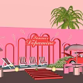 Pink Summer Delight Scene With Deck Chairs Palm Trees Umbrella And Car