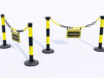 Safety Barriers With Yellow Black Striped Posts And Chains And Danger Signs 3d model