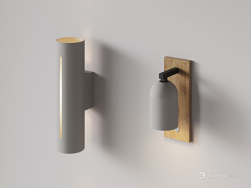 Modern Gray Wall Lamps With Cylindrical Design And Wooden Base On White Wall 3d model 