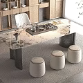 Elegant Modern Tea Table With Marble Top Three White Stools And Tea Set 3d model