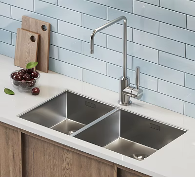 Stainless Steel Double Bowl Kitchen Sink With Modern Faucet Light Blue Tiled Wall Wooden Cutting Board 3d model