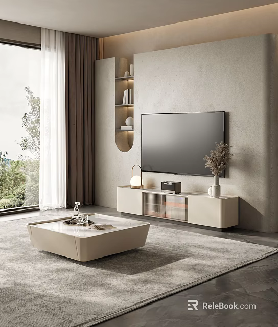 Modern TV Stand Design In Living Room With Wall Shelves TV And Decorative Vase 3d model 