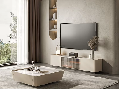 Modern TV Stand Design In Living Room With Wall Shelves TV And Decorative Vase 3d model