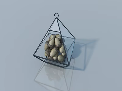 Glass Pyramid Shaped Decorative Ornament With Metal Frame Acorns Inside On Smooth Surface And Reflection 3d model