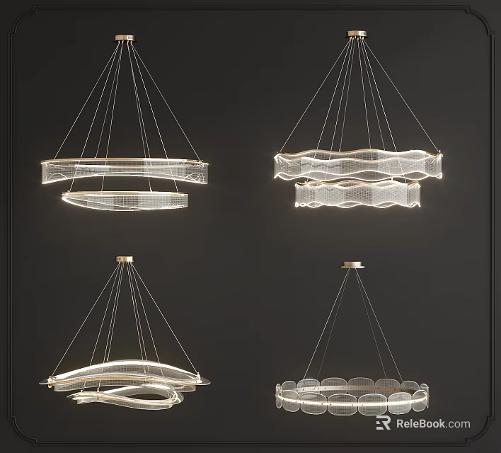 Modern Hanging Chandeliers With Different Curved Circular Designs Metal Frames And Transparent Elements 3d model 