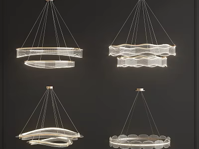 Modern Hanging Chandeliers With Different Curved Circular Designs Metal Frames And Transparent Elements 3d model